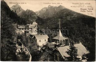1911 Tátra, Magas-Tátra, Vysoké Tatry; Középorom, Lomnici-csúcs, Tarpatakfüredi szálloda. Franz Pietschmann No. 1651. / Mittelgratturm, Lomnitzer-Spitze, Wildbad Kohlbach u. Hotel / mountain peaks, hotel (ázott sarok / wet corner)