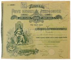 Szerb-Horvát-Szlovén Királyság / Zágráb 1918. "Első Horvát Takarékpénztár Zágrábban" részvénye 1000Ft-ról szelvényekkel, szárazpecséttel, bélyegzésekkel T:F  Kingdom of Serbs, Croats and Slovenes / Zagreb 1918. "First Croatian Savings Bank in Zagreb" share about 1000 Forint with coupons, embossed stamp and overprints C:F