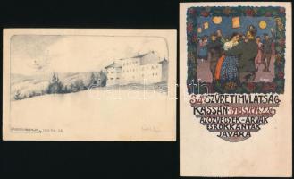 1912-1918 Gimes Lajos (Miskolc, 1886 - Buchenwaldi koncentrációs tábor, 1945) festőművész 2 db autográf képeslapja, az egyiken saját kezű ceruzarajzával, a másikon általa tervezett grafikával, illetve bélyeggel (a "34-es Vilmos Bakák özvegyeinek-árváinak és rokkantjainak" javára), 9x14 cm