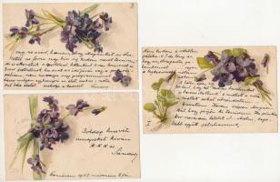 5 db RÉGI (1905 előtti) virág motívum képeslap: ibolyák, ebből 4 litho / 5 pre-1905 flower motive postcards: violets