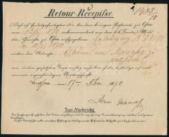 1870 Előnyomott, hivatalos retour recepisse Lőcséről Budára, érkezési bélyegzéssel