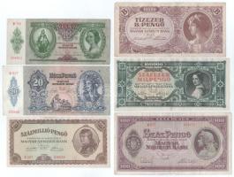 1936. 10P + 1941. 20P + 1945. 100P + 1946. 100.000.000P + 100.000MP + 10.000BP T:XF-F, javarészben szép papírok