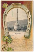 1901 Brassó, Kronstadt, Brasov; Árpád szobor, Millenniumi emlékmű. Szecessziós litho keret lóherékkel és patkóval / Hungarian Millennium monument. Art Nouveau, litho frame with clovers and horseshoe (kopott sarkak / worn corners)