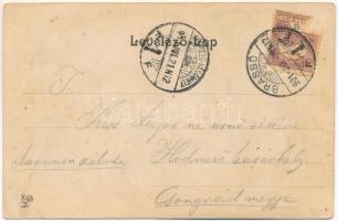 1901 Brassó, Kronstadt, Brasov; Árpád szobor, Millenniumi emlékmű. Szecessziós litho keret lóherékke...