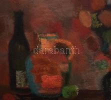 Károlyi Ernő (1923 -2016): Csokor üveggel és korsóval. Olaj, farost, jelzett. Hátoldalán autográf fe...