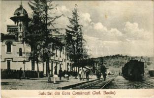 1926 Comanesti, Kománfalva (Moldva, Bacau); Gara. Ioan Stoian / Bahnhof / railway station with locomotive (EK)