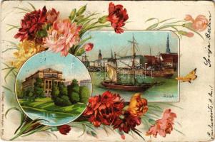 Riga, port, ship, theater. Art Nouveau, floral, litho. Herm. Danziger (Rb)