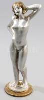 Női akt fém szobor, ezüstözött, festett 29 cm
