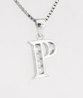 Ezüst(Ag) venezianer nyaklánc köves "P" medállal, jelzett, h: 45,5 cm, 2,8×1,2 cm, bruttó: 5,5 g