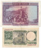 Spanyolország 1928. 25P + 1954. 5P T:VF,F szép papír
Spain 1928. 25 Pesetas + 1954. 5 Pesetas C:VF,...