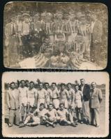 Labdarúgókat, futballcsapatokat ábrázoló csoportképek, 4 db fotólap, egy részük hátoldalán feliratokkal, aláírásokkal(?), változó állapotban, 13,5x8,5 cm körül