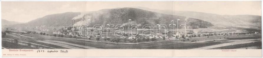 1902 Korompa, Krompach, Krompachy (Szepes); vasgyár. Balkányi S. kiadása, 3-részes kihajtható panorámalap / ironworks, iron factory. 3-tiled folding panoramacard (fl)