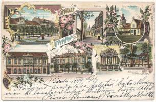 1899 (Vorläufer) Detta, Ghedu, Deta; Fő utca, Régi római katolikus templom, Braumüller palota, Jáger Péter sírbolt, Millenniumi csarnok a parkban. Schwidernoch Károly műintézete / main street, old Catholic church, tenement palace, crypt, Hungarian Millennium pavilion in the park. Art Nouveau, floral, litho