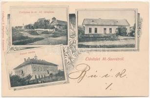 1908 Magyarszovát, Suatu; Unitárius és református templom, Boér László üzlete, állami iskola. Csízhegyi S. fényképész / Unitarian church, Calvinist church, shops, school. Art Nouveau, floral (EK)