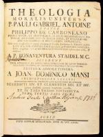 Staidel, Bonaventura: Theologia moralis universa Tom 3. 1-2. Eger, 1780. Typ Scholae Episcopalis. 318p.. 152p. 89p. Korabeli enyhén sérült aranyozott gerincű félbőr kötésben.