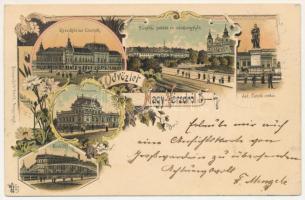 1896 (Vorläufer!!!) Nagyvárad, Oradea; Kereskedelmi csarnok, Püspöki palota és székesegyház, Szent László szobor, múzeum, kishídfő. Sonnenfeld Adolf kiadása / trade hall, bishop's palace and cathedral, monument, museum, bridge. O.Z.M. Art Nouveau, floral, litho (fl)