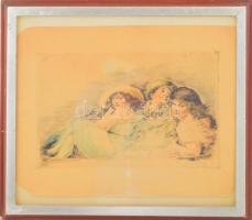 Prihoda István (1891-1956): Társaság. Színezett rézkarc, papír, jelzett, sérült, 20,5×31,5 cm, üvegezett fakeretben.