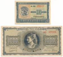 Görögország / Német megszállás 1940. 10Dr + 1942. 1000Dr T:XF,F / Greece / German occupation 1940. 10 Drachmai + 1942. 1000 Drachmai C:XF,F