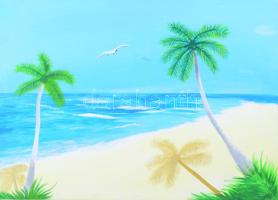 Laura jelzéssel: Tengerpart pálmafákkal. Olaj, vászon. 50×70 cm