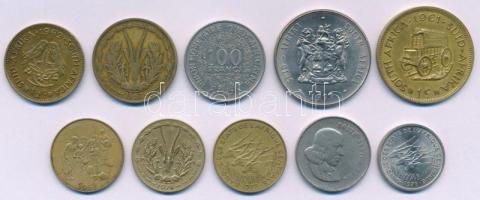 Nyugat-Afrikai Államok 1957-1982. 10Fr Al-bronz - 100Fr Ni + Dél Afrika 1961-1962. 1/2c sárgaréz + 1c sárgaréz + 1966-1977. 20c Ni - 1R Ni (4xklf) T:VF West African States 1957-1982. 10 Francs Al-bronze - 100 Francs Ni + South Africa 1961-1962. 1/2 Cent brass + 1 Cent brass + 1966-1977. 20 Cents Ni - 1 Rand Ni (4xdiff) C:VF