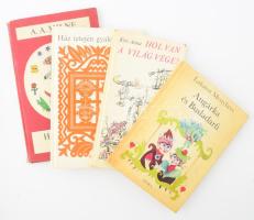 4 db mesekönyv: Lakatos Menyhért: Angárka és Busladarfi. Keresztes Dóra rajzaival. Bp., 1978, Móra. Kiadói egészvászon-kötés, kissé foltos borítóval. + Kiss Anna: Hol van a világ vége? Gyulai Liviusz rajzaival. Bp., 1981, Móra. Kiadói kartonált papírkötés. + Ház tetején gyalogösvény. Szomszédaink, nemzetiségeink találós kérdései. Vál. és ford.: Mándoki László. Bp., 1987, Móra. Kiadói kartonált papírkötés. + A. A. Milne: Hatévesek lettünk. Réber László rajzaival. Bp., 1973, Móra. Kiadói kartonált papírkötés, kissé sérült borítóval és gerinccel, több hiányzó lappal, sérült, kijáró lapokkal.