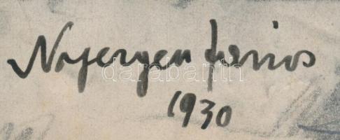 Nyergesi János (1895-1982): Táj, háttérben házakkal, 1930. Szén, papír, jelezve középen lent. Hajtás...