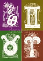 12 db MODERN magyar művészet képeslap: horoszkóp, teljes sorozat / 12 modern Hungarian art postcards: horoscope, complete series s: Jakobi Anna
