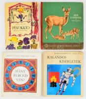 4 db ifjúsági könyv, mesekönyv: Carlo Collodi: Pinokkió kalandjai. Ford.: Rónay György. Szecskó Tamás rajzaival. Bp., 1974, Móra. Kiadói egészvászon-kötés, kissé sérült kiadói papír védőborítóban. + Megay László: Hány perced van? Rékássy Csaba rajzaival. Bp., 1983, Móra. Kiadói kartonált papírkötés. + Julius Schwartz: Kalandos kísérletek. Ford.: Vámos Magda. Bp., 1974, Móra. Kiadói félvászon-kötés, kissé sérült borítóval, sérült, szétváló fűzéssel. + Heinrich Dathe: Anya és gyermeke az állatvilágban. Rudolf Engel-Hardt rajzaival. Ford.: Elek István. Leipzig, [1972], Rudolf Arnold Verlag. Kiadói félvászon-kötés, kissé viseltes állapotban, tulajdonosi névbejegyzéssel.