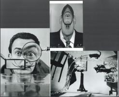 Salvador Dali (1904-1989) katalán - spanyol szürrealista festőművész, aki fényképezés közben gyakran önmagát rendezte, vagyis kitalálta előre a képet, s ehhez hívott fotós segítséget, eltérő időben készült felvételek, 3 db modern nagyítás, jelzés nélkül, 21x15 cm és 15x10 cm között