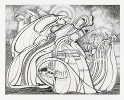 Lajos Ferenc (1912-1998): Párkák. Tus, papír, jelezve jobbra lent, paszpartuban, 25×32 cm