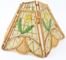 cca 1940/50 Bambusz szerelékes lámpabúra capiz kagyló berakásokkal, sérüléssel, 45x29 cm