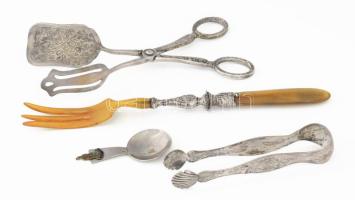 4 darab régebbi szervírozóeszköz, süteményfogó, cukorfogó, teakanál, villa, h: 28 cm alatt