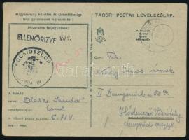 1944 Tábori posta levelezőlap Hódmezővásárhelyre, "M. KIR. KOCSIOSZLOP" bélyegzéssel