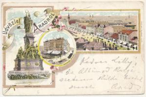 1898 (Vorläufer!) Arad, Vértanú szobor, színházépület, látkép, üzletek. Lengyel Lipót / monument, theatre, general view, shops. Art Nouveau, floral, litho (vágott / cut)