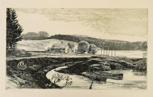 Csurgói Máté Lajos (1931-2001): Halastó. Rézkarc, papír, jelzett, számozott: 81/100. Lapszéli néhány kevés apró folttal, 25×43,5 cm