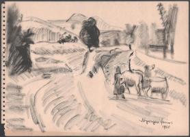 Nyergesi János (1895-1982): Hazafelé, 1960. Tus, papír, jelzett. Közepén hajtásnyommal. 24x33,5 cm.