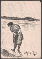Nyergesi János (1895-1982): A Dunánál, 1950. Tus, papír, jelzett. Lap sarkaiban apró sérülésekkel. 31x22,5 cm.