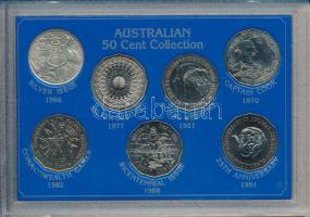 Ausztrália 1966. 50c Ag "II. Erzsébet" + 1970. 50c "Cook ausztráliai útja" + 1977. 50c Cu-Ni "Ezüstjubileum" + 1981. 50c Cu-Ni "Károly herceg és Lady Diana esküvője" + 1982. 50c Cu-Ni "XII. Közösségi játékok" + 1988. 50c Cu-Ni "Az első flotta 200. évfordulója" + 1991. 50c Cu-Ni "A decimális pénzrendszer 25. évfordulója". A hét érme közös "Australian 50 Cent Collection" műanyag tokban T:AU Australia 1966. 50 Cents Ag "Elizabeth II" + 1970. 50 Cents "Capt. James Cook - Botany Bay" + 1977. 50 Cents Cu-Ni "Silver Jubilee" + 1981. 50 Cents Cu-Ni "Wedding of Prince Charles and Lady Diana" + 1982. 50 Cents Cu-Ni "XII Commonwealth Games" + 1988. 50 Cents Cu-Ni "200th Anniversary First Fleet" + 1991. 50 Cents Cu-Ni "25th Anniversary of Decimal Currency". The seven coins in "Australian 50 Cent Collection" plastic case C:AU Krause KM#67, KM#69, KM#70, KM#72, KM#74, KM#99, KM#139