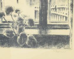 Kórusz József (1927-2010): Ablak télen. Rézkarc, papír, jelzett. Üvegezett, kissé sérült fakeretben....