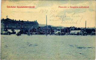 1907 Gyulafehérvár, Karlsburg, Alba Iulia; Piac tér, Hungária szálloda, Fürst M., Farkas üzlete. Salamon Mátyás kiadása / hotel, market square (EB)