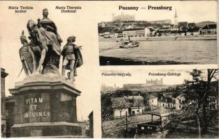 Pozsony, Pressburg, Bratislava; Mária Terézia szobor, vár, gőzhajó, Pozsony-hegység. Freistadt M. L. kiadása / Maria Theresia-Denkmal, Pressburg-Gebirge / monument, castle, steamship, hillside