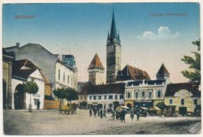 1917 Medgyes, Mediasch, Medias; Kleiner Marktplatz. Verlag G. A. Reissenberger / Piac tér, Evangélikus templom, Wilhelm Breckner üzlete / market square, Lutheran church, shops (kopott sarkak / worn corners)