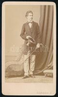 cca 1860-1870 Fiatalember egészalakos portréja, keményhátú fotó Borsos József pesti műterméből, 10,5×6,5 cm