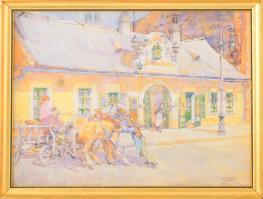 Dekoratív fakeret, Zórád Ernő: Tabán ofszet, vászon nyomattal. Belső méret: 28,2×37,8 cm