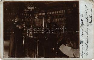 1909 Kismarton, Eisenstadt; Irgalmasok és Herodek Kálmán gyógyszertára belső, gyógyszerészek, a tulajdonos levelével / pharmacy interior, pharmacists, with the letter of the owner. photo (gyűrődések / creases)