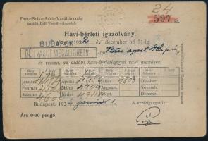 1932 Bp., Duna-Száva-Adria Vasúttársaság (azelőtt Déli Vaspályatársaság) havi bérleti igazolvány Budafok - Budapest Déli p.u. szakaszra, fényképes