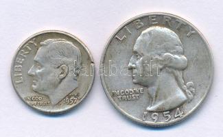 Amerikai Egyesült Államok 1974. 1/4$ Ag "Washington Silver Quarter" + 1957. 1d (10c) Ag "Roosevelt Silver Dime" T:VF, patina USA 1974. 1/4 Dollar Ag "Washington Silver Quarter" + 1957. 1 Dime (10 Cents) Ag "Roosevelt Silver Dime" C:VF, patina Krause KM#164, KM#195