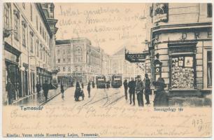 1903 Temesvár, Timisoara; Szent György tér, villamos, Szálloda az Arany Szarvashoz, kávéház, Varneky A., Andris Ulrik üzlete, Szántó fényképész műterme. Veres utóda Rosenberg Lajos kiadása / square, tram, hotel, café, shops, photographer's atelier (EK)