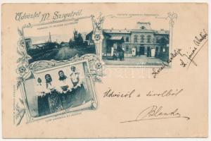 1899 (Vorläufer) Máramarossziget, Sighetu Marmatiei; Kamarai út a Magtár állomásig, Osztrák kaszárnya főbejárója, Oláh asszonyok és leányok. Kaufman Ábrahám kiadása / street view, road to the granary station, K.u.K. military barracks, Romanian Vlach folklore. Art Nouveau, floral (fl)