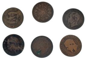Olaszország 1856A + 1856W 10c Cu "III. Napóleon" (2xklf) + 1862M + 1866OM (2x) 10c Cu "II. Viktor Emánuel" (2xklf, 3db) + 1893BI 10c Cu "I. Umberto" T:VF-F, közte egy hajlott lemez Italy 1856A + 1856W 10 Centesimi Cu "Napoleon III" (2xdiff) + 1862M + 1866OM (2x) 10 Centesimi Cu "Victor Emmanuel II" (2xklf, 3pcs) + 1893BI 10 Centesimi Cu "Umberto I" C:VF-F, one of them wavy coin